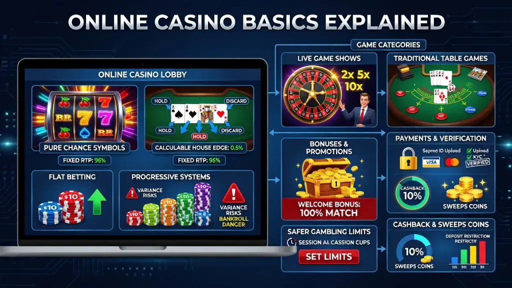 Online Casino Basics Explained: Betting Types, Game Differences, Bonuses, Payments, Verification, Cashback, Sweeps Coins, and Safer Gambling Limits